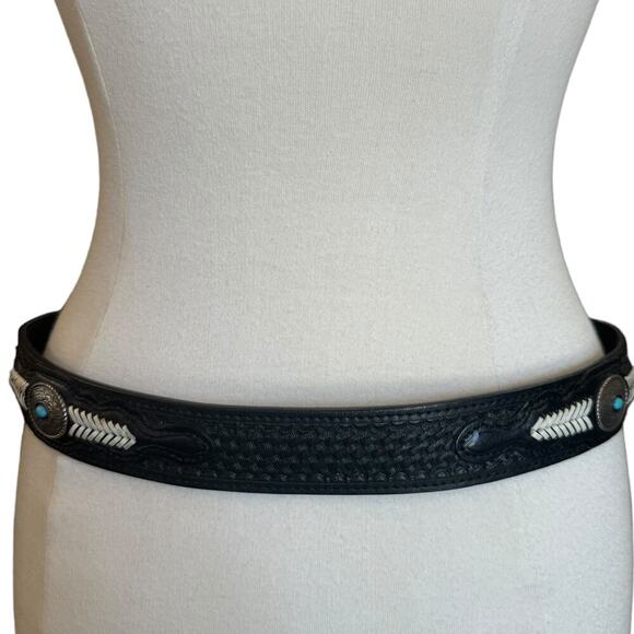 Vintage Black Fine Grain Tooled & Braided Leather Belt main image 8